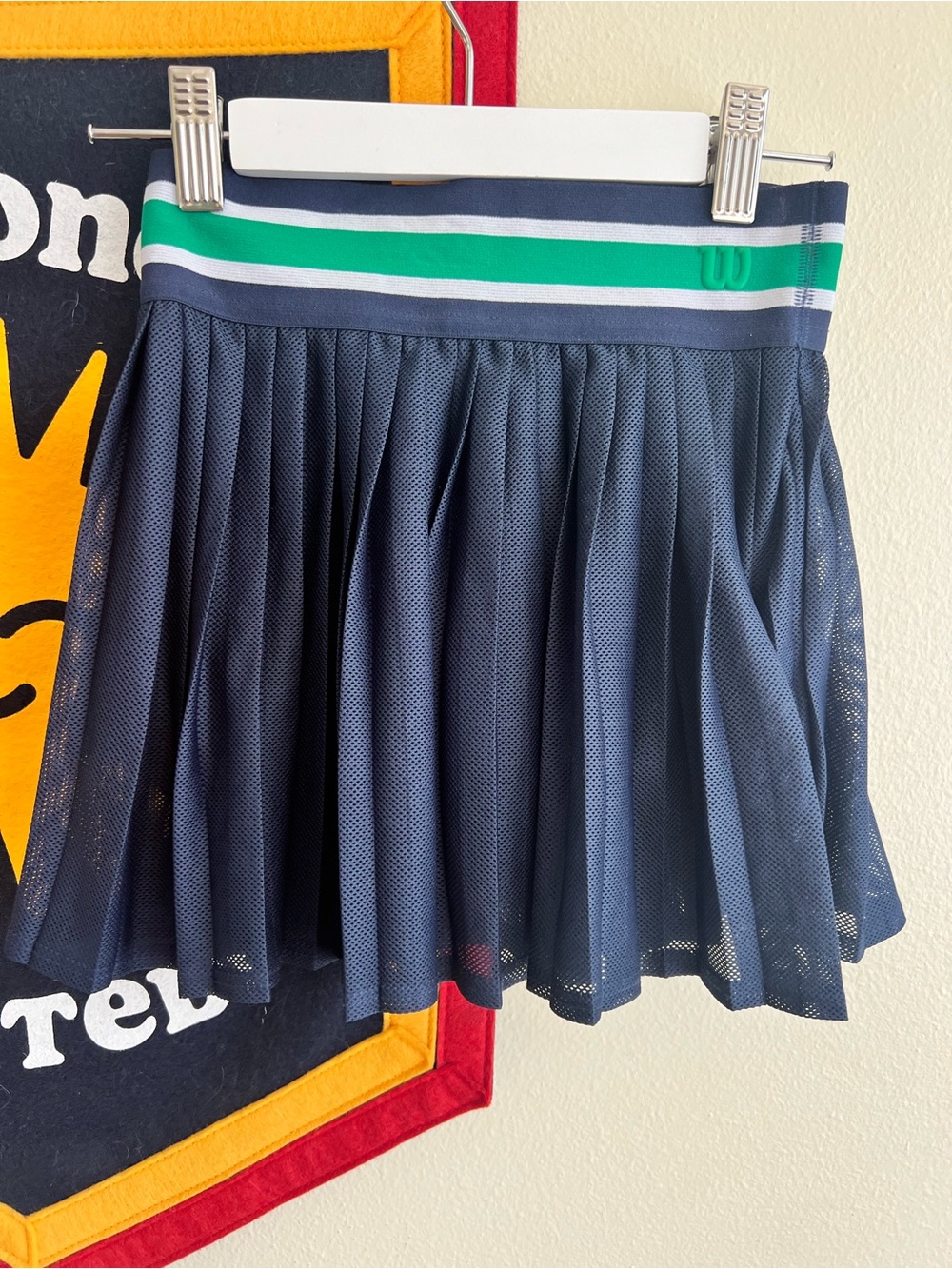 Wilson Navy Pleated Skirt with Green & White Striped Waistband
